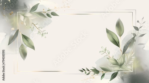 Invitation greeting card template with green leaf watercolor and gold frame Stock Vector | Adobe Stock