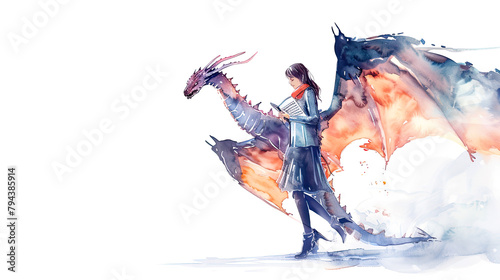 Woman walking while reading a book with wings on white background in watercolor style. photo