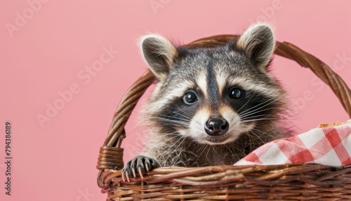 A baby raccoon peeking out of a picnic basket.