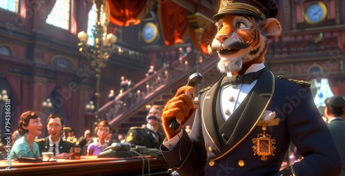 An anthropomorphic tiger wearing a military uniform is giving a speech in a large hall.