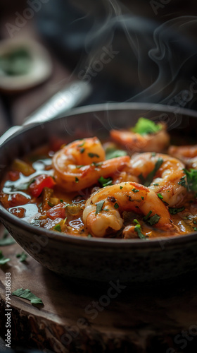 shrimps in gumbo sauce with bell peppers in a rustic bowl, steam rising from the food, wooden table