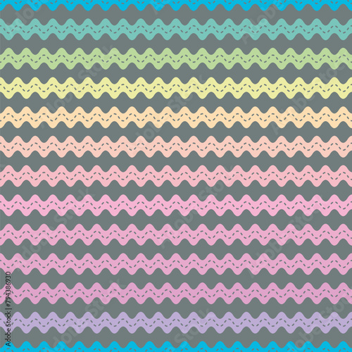 Seamless vector pattern of wavy design with stitches that resembles a ric rac border in pastel colors over a gray background photo