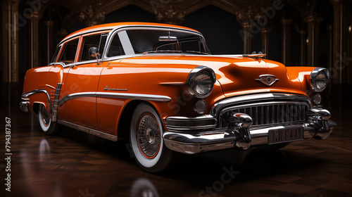 Retro style car gleams under streetlights, its classic lines catching the eye. Retro style car's polished finish mirrors its era's charm. Retro style car, a symbol of timeless elegance photo