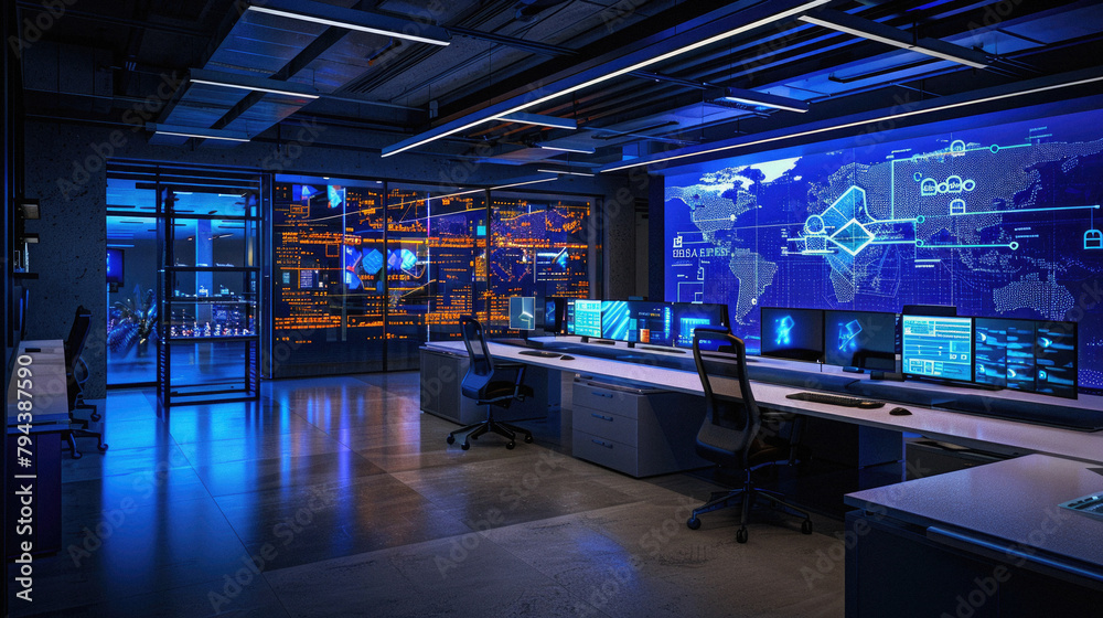 A computer room with a large monitor on the wall