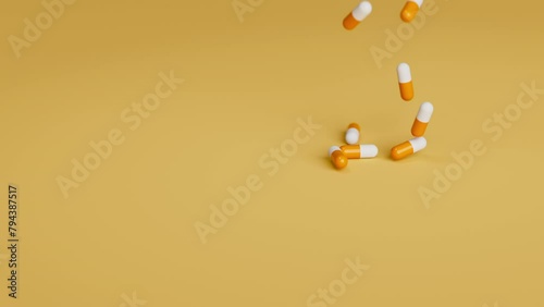 White and orange pills falling on orange background in slow motion. Drugs, pills, tablets, medicine concept. 3d render animation (ID: 794387517)