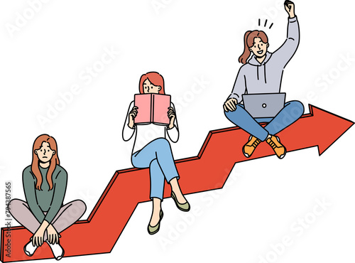 Personal development of woman getting good internet job by reading books, sitting on growing graph. Personal development of person spending free time on education and gaining new knowledge