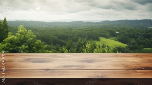 Wood table mockup with summer rain over green landscape. Empty copy space for product presentation. © hamad