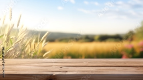Wooden table with blur background. Blurred Summer Background Free Space. photo