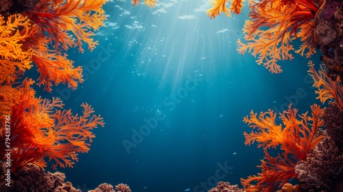Vibrant coral formations framing a blue textured backdrop.