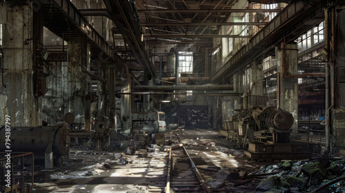 A large industrial building with a lot of debris and trash