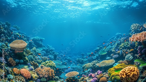 Colourful and bustling coral reef teeming with diverse marine life.