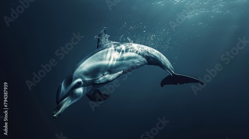 A bottlenose dolphin gracefully swims through the deep blue ocean. © Nattanon