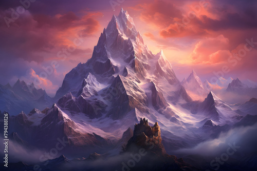 mountain at sunset  illustrated mountain with purple sunset