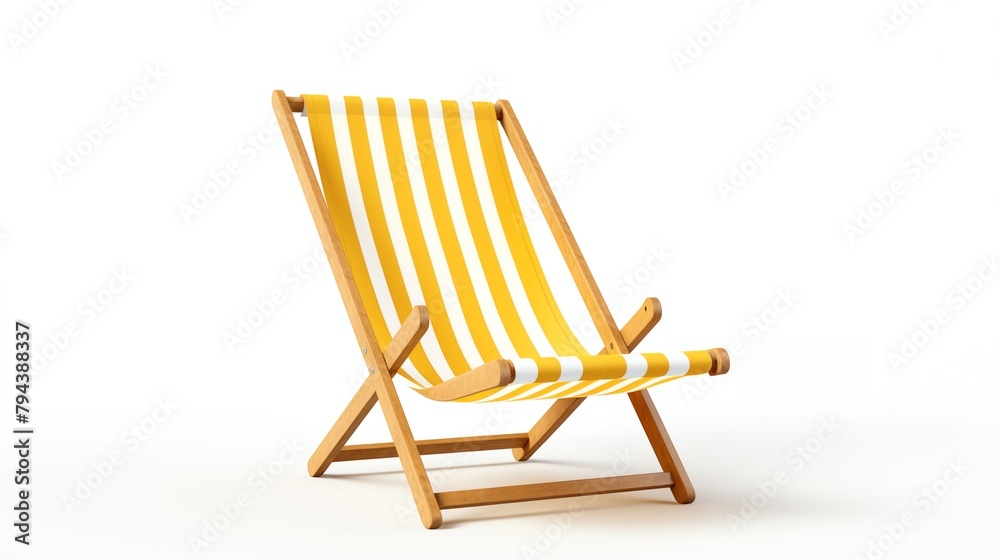 yellow striped beach chair for summer getaways on white background.