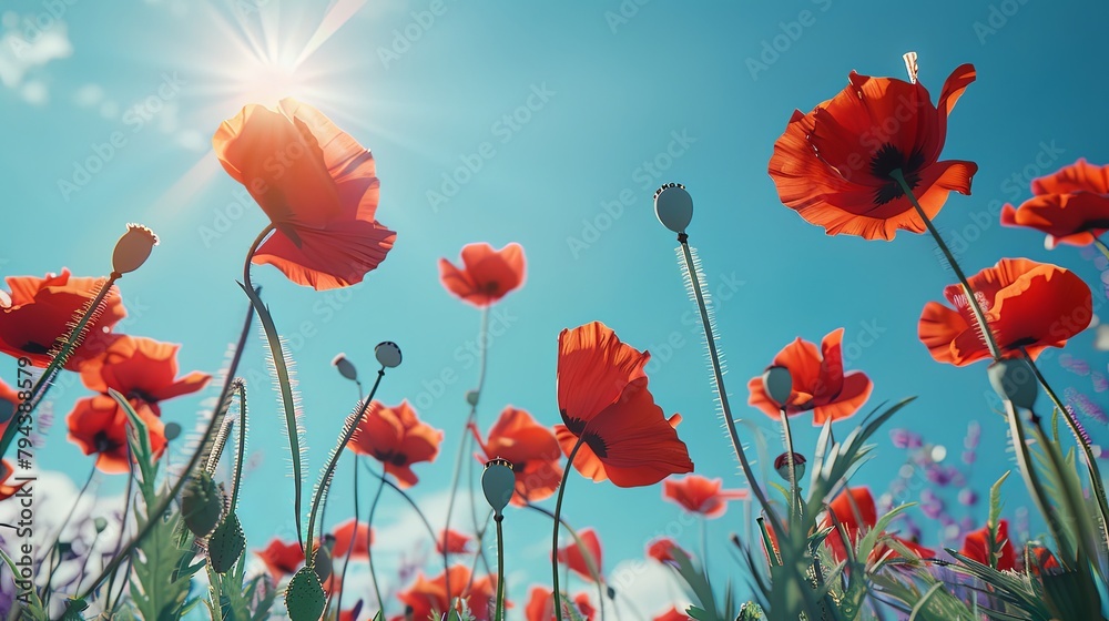 Fototapeta premium Delicate Red Poppies Clear Blue Sky Contrast