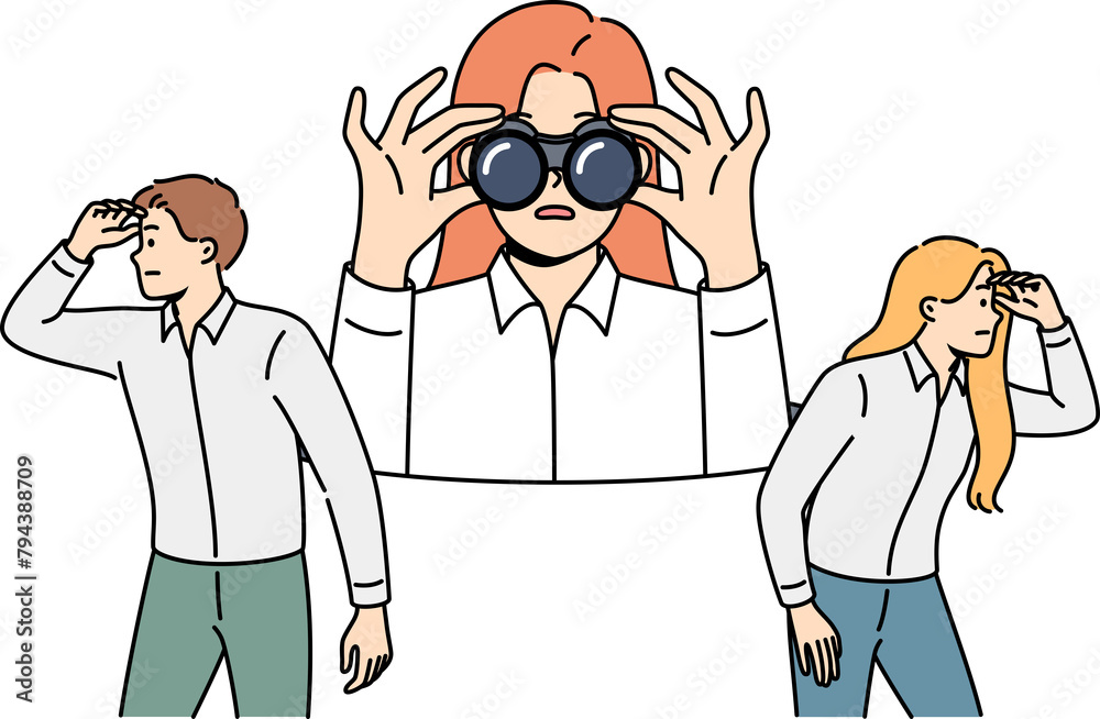 Business team is looking in different directions in search of new opportunities to attract customers. Business people use binoculars to search for information that helps develop corporation. Business team is looking in different directions in search of new opportunities to attract customers. Business people use binoculars to search for information that helps develop corporation.