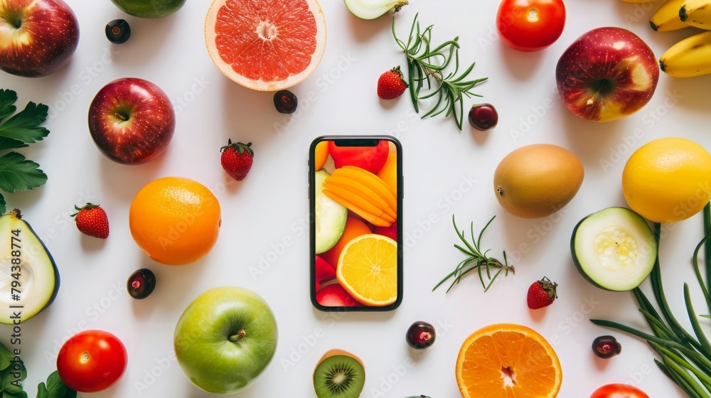 Cell Phone Surrounded by Fruits and Vegetables