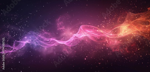 Dynamic neon light waves with sparkling particles on a vibrant background.