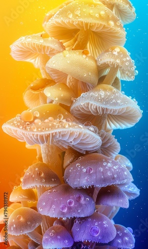 Stack of neon glowing mushrooms in vibrant, psychedelic colours.