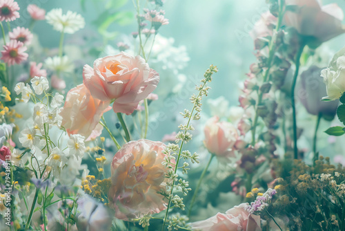 Dreamy Floral Arrangement with Pastel Roses and Wildflowers in Ethereal Light  Perfect for Romantic and Soft Aesthetic Backgrounds or Wedding Invitations