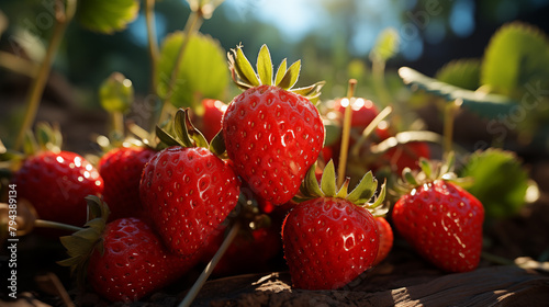 Rows of strawberries stretch far into the field  a red carpet of fruits. Strawberries peak in ripeness  ready for picking. Among the green leaves  strawberries stand out vividly