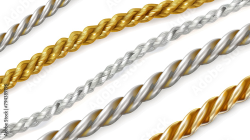 Luxury collection of twisted rope chains made of gold and silver on a white background
