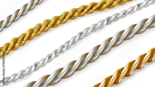 Luxury collection of twisted rope chains made of gold and silver on a white background