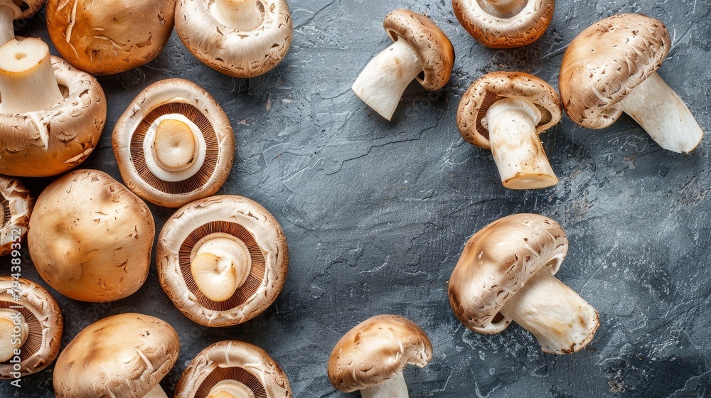 Close-up of raw brown mushrooms, some sliced, on dark background. Close-up of raw brown mushrooms, some sliced, on dark background.