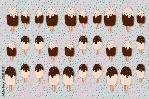 A pattern consisting of ice cream on a blue dotted background