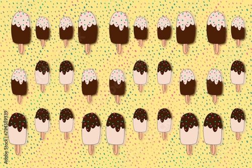 A pattern consisting of ice cream on a yellow background