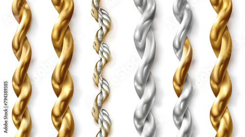 Luxury collection of twisted rope chains made of gold and silver on a white background photo