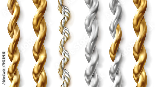 Luxury collection of twisted rope chains made of gold and silver on a white background