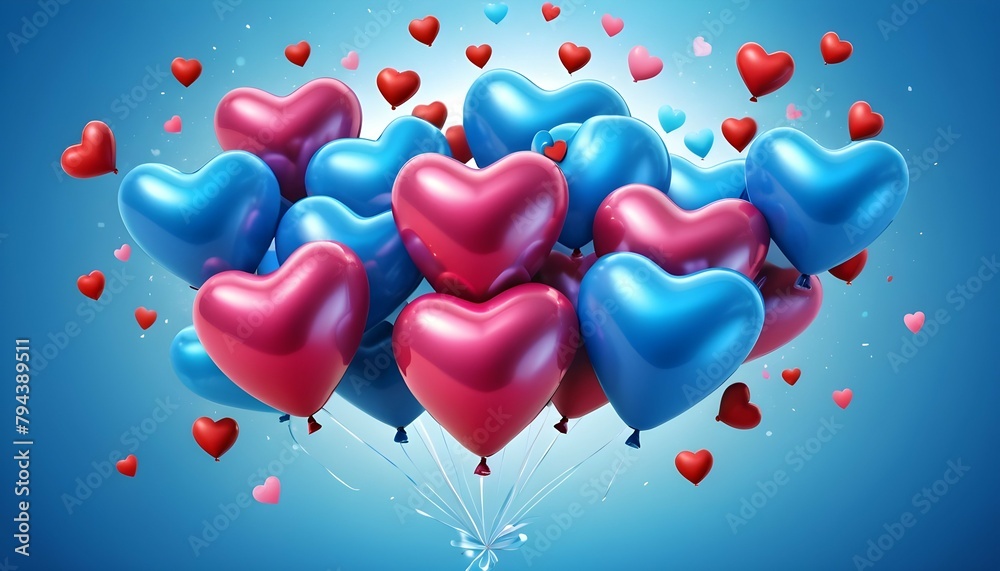 Holiday illustration of flying bunch of blue balloon hearts happy valentines.