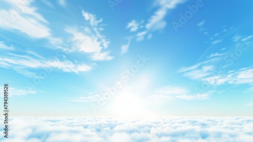 Sunshine clouds sky during morning background. Blue,white pastel heaven,soft focus lens flare sunlight. Abstract blurred cyan gradient of peaceful nature. Open view out windows beautiful summer spring photo