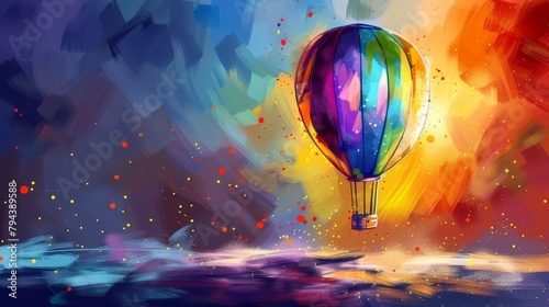   A vibrant hot air balloon drifts above a water body, surrounded by a richly hued sky photo