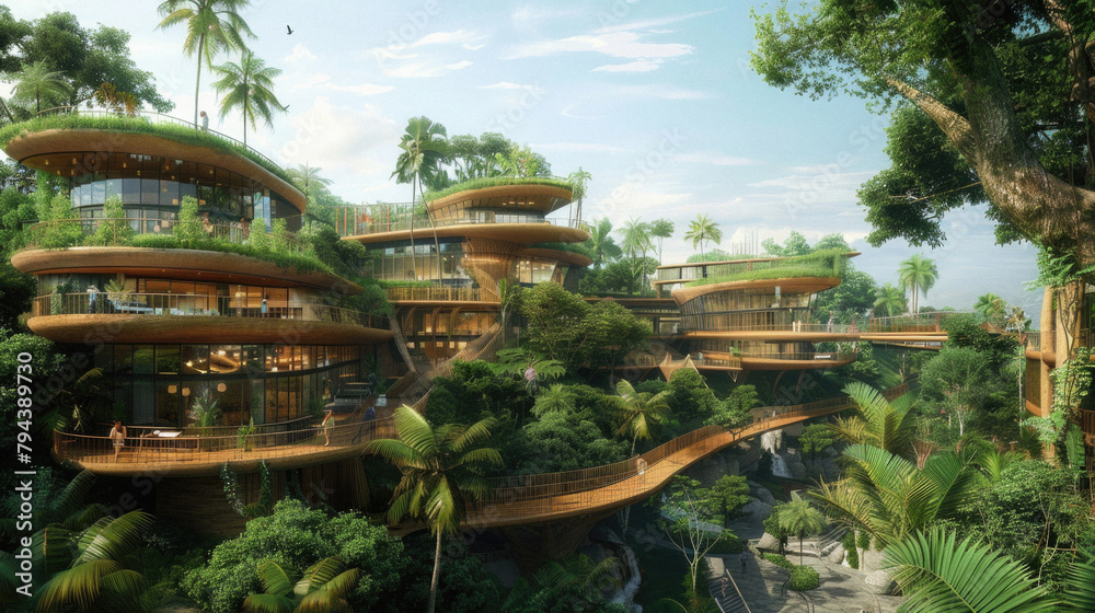 Fototapeta premium A lush green tropical landscape with a large building in the middle