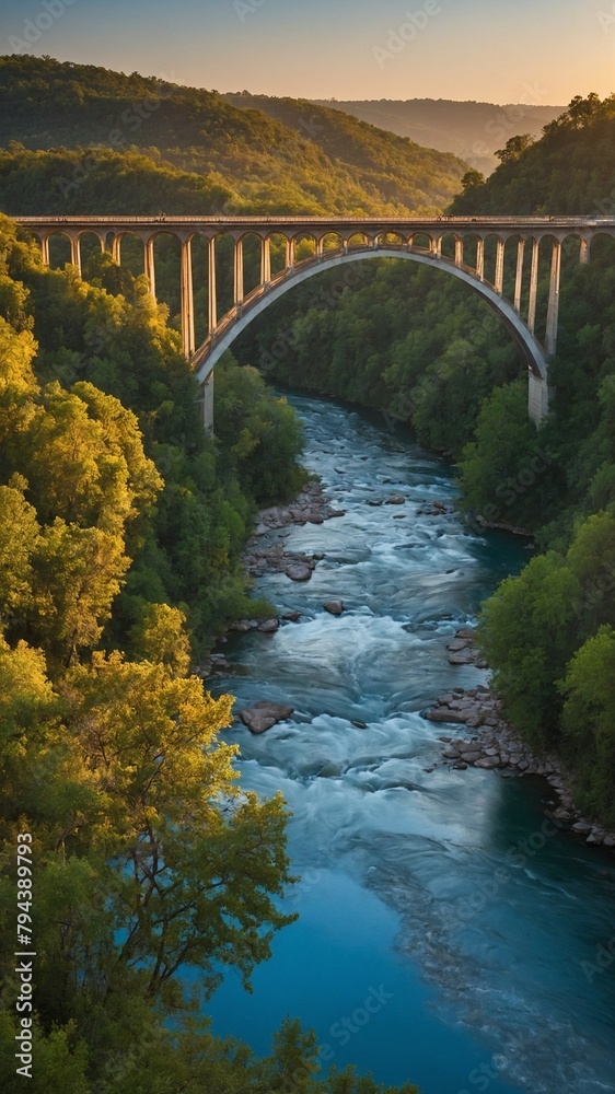 Majestic stone bridge with multiple arches spans across turbulent river, nestled within lush green valley under golden hue of setting sun. Bridges elegant design. Majestic stone bridge with multiple arches spans across turbulent river, nestled within lush green valley under golden hue of setting sun. Bridges elegant design.