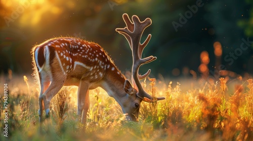A deer standing in a field of tall grass at sunset. photo