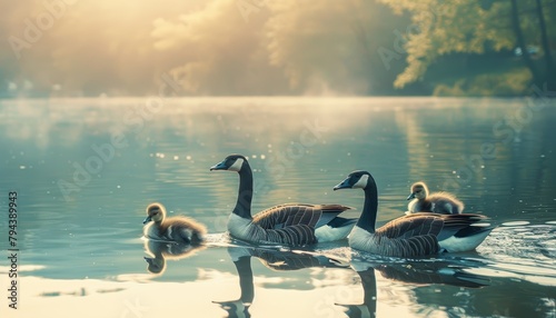A family of geese swims in a lake on a misty morning. photo