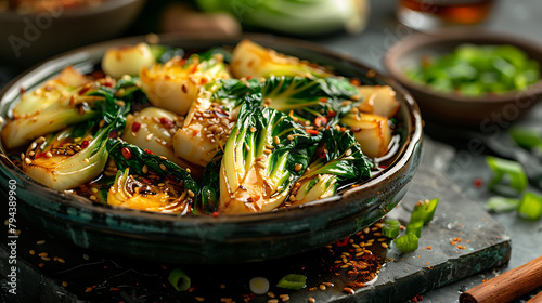 Braised bok choy cabbage with ginger, soy sauce and red orange juice photo
