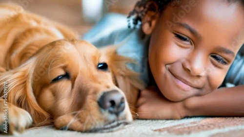 A black joyful child boy cuddles with a golden retriever on a cozy rug, sharing a moment of affection and innocent companionship. Petting games. Animal feed photo
