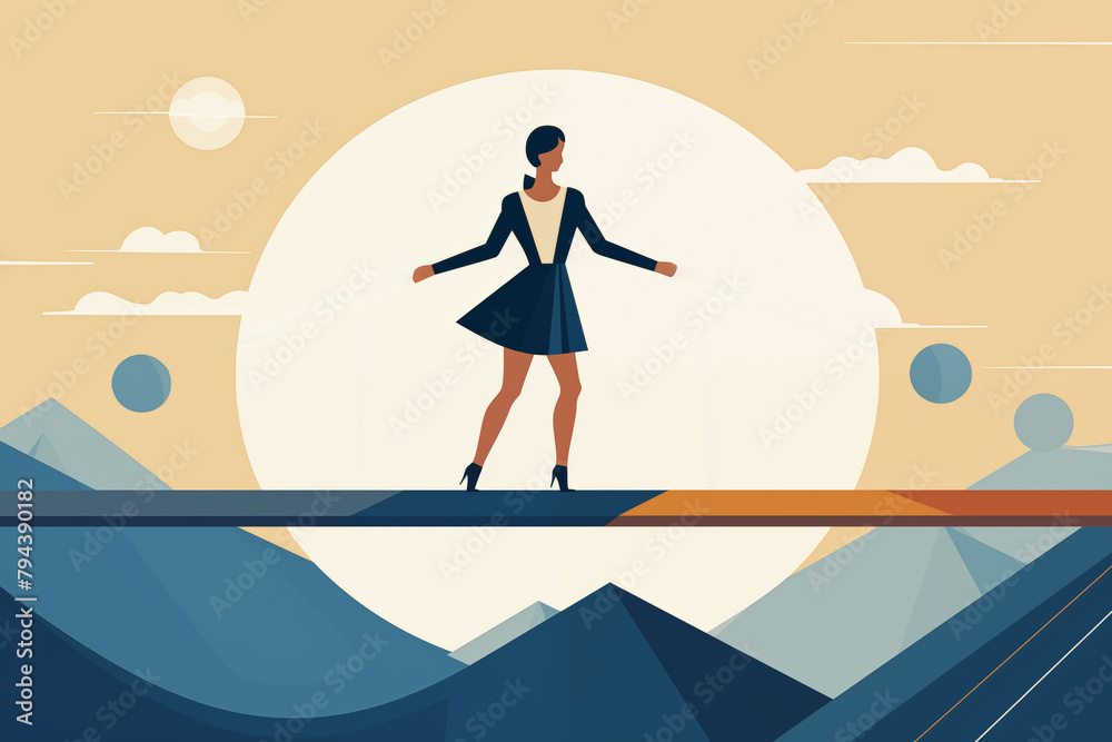 Business graphic simplistic vector modern style illustration of a business person balancing on a tight rope dangerous walking precarious fall falling failing unsure gamble
