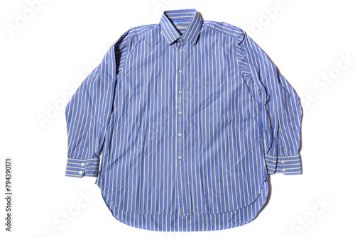Men's casual blue long-sleeved shirt on white background