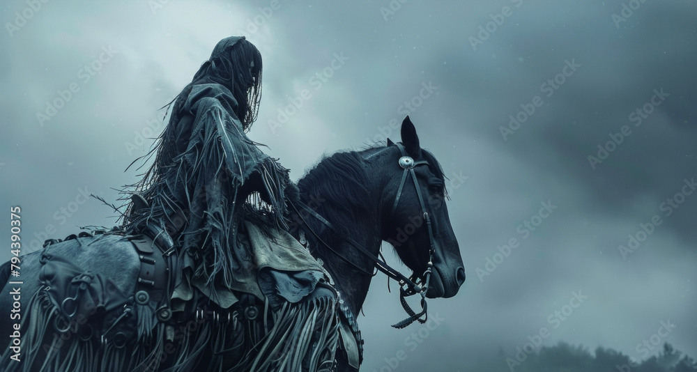 Fototapeta premium A haunting figure perched atop a horse their leather coat adorned with intricate silver buckles and with fringe. .