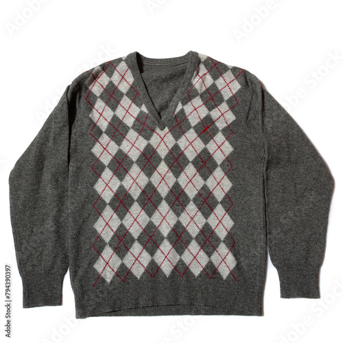 Vintage gray wool jumper on white background