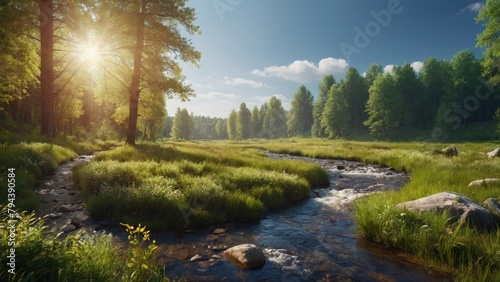 River between meadows and forests, summer