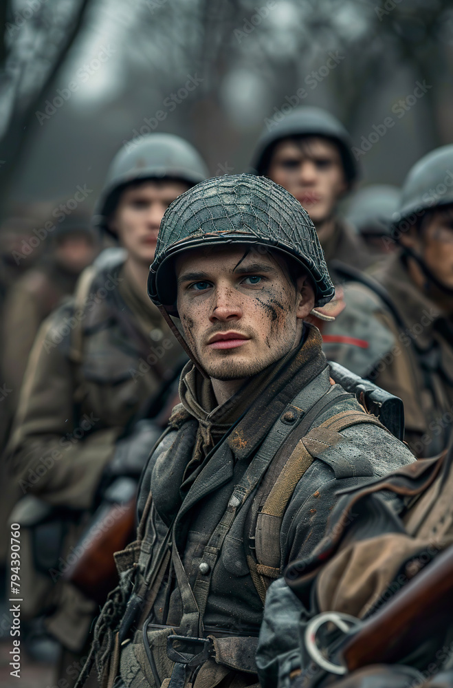 In a portrait inspired by a war scene, a soldier in a moment of intensity and determination. Soldier's face marked by the seriousness of battle.