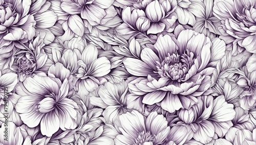 Seamless Pattern of Hand-Drawn Outline Purple Peony Flowers on White Background.