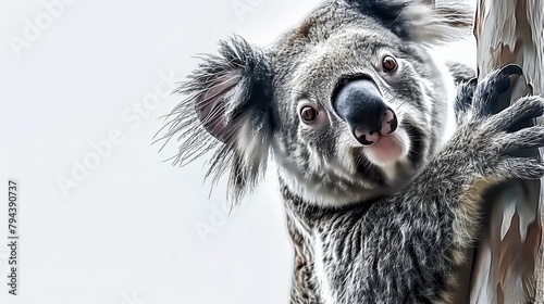  A tight shot of a koala perched on a tree branch, peering over a pole's top