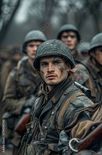 In a portrait inspired by a war scene, a soldier in a moment of intensity and determination. Soldier's face marked by the seriousness of battle.